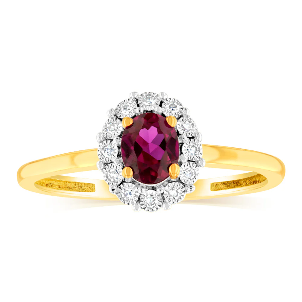 0.39 Carat Created Ruby Oval Shaped and Diamond Ring in 9ct Yellow Gold