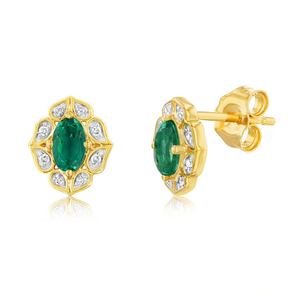 0.40 Carat Created Emerald Oval and Diamond Earrings in 9ct Yellow Gold