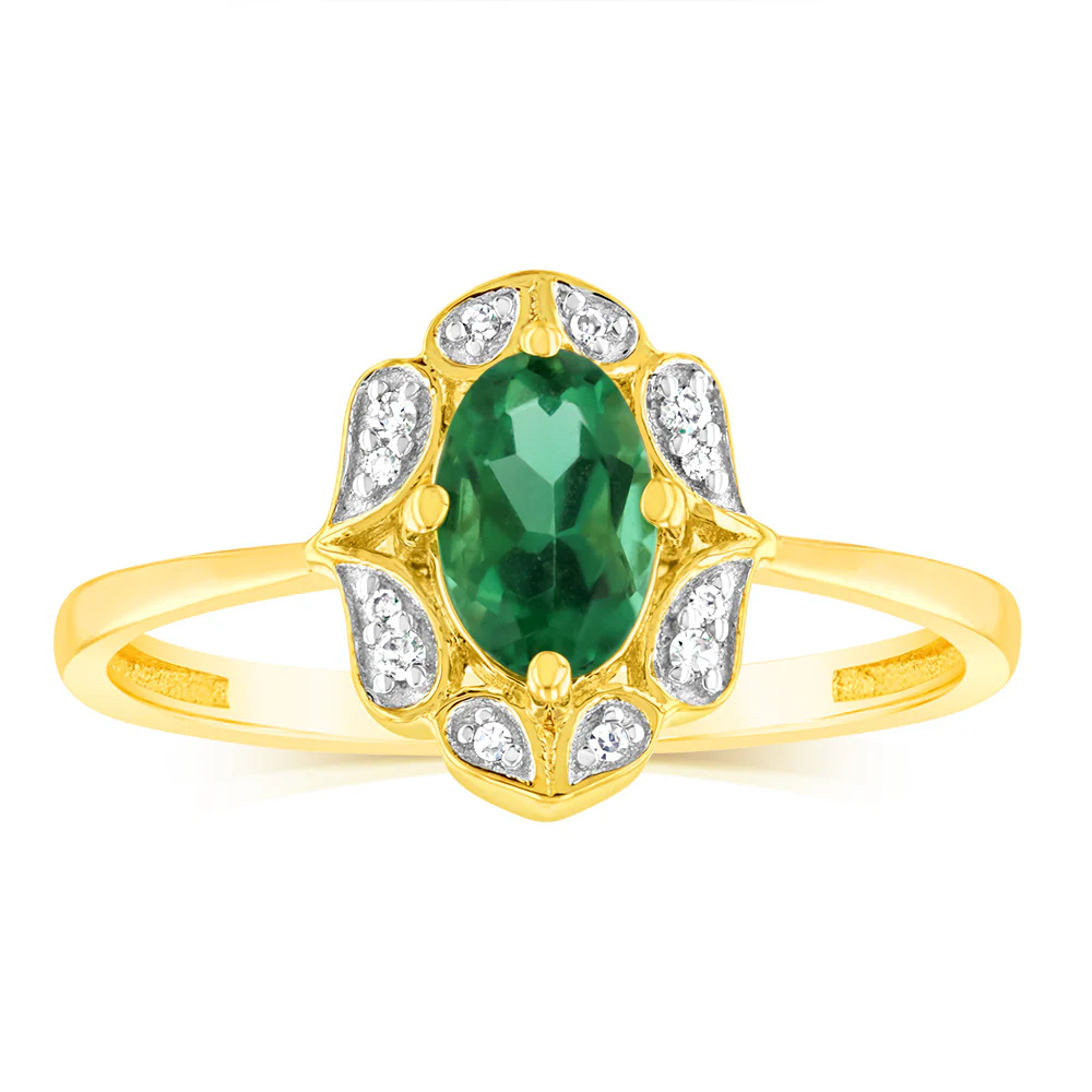 0.40 Carat Created Emerald Oval and Diamond Ring in 9ct Yellow Gold