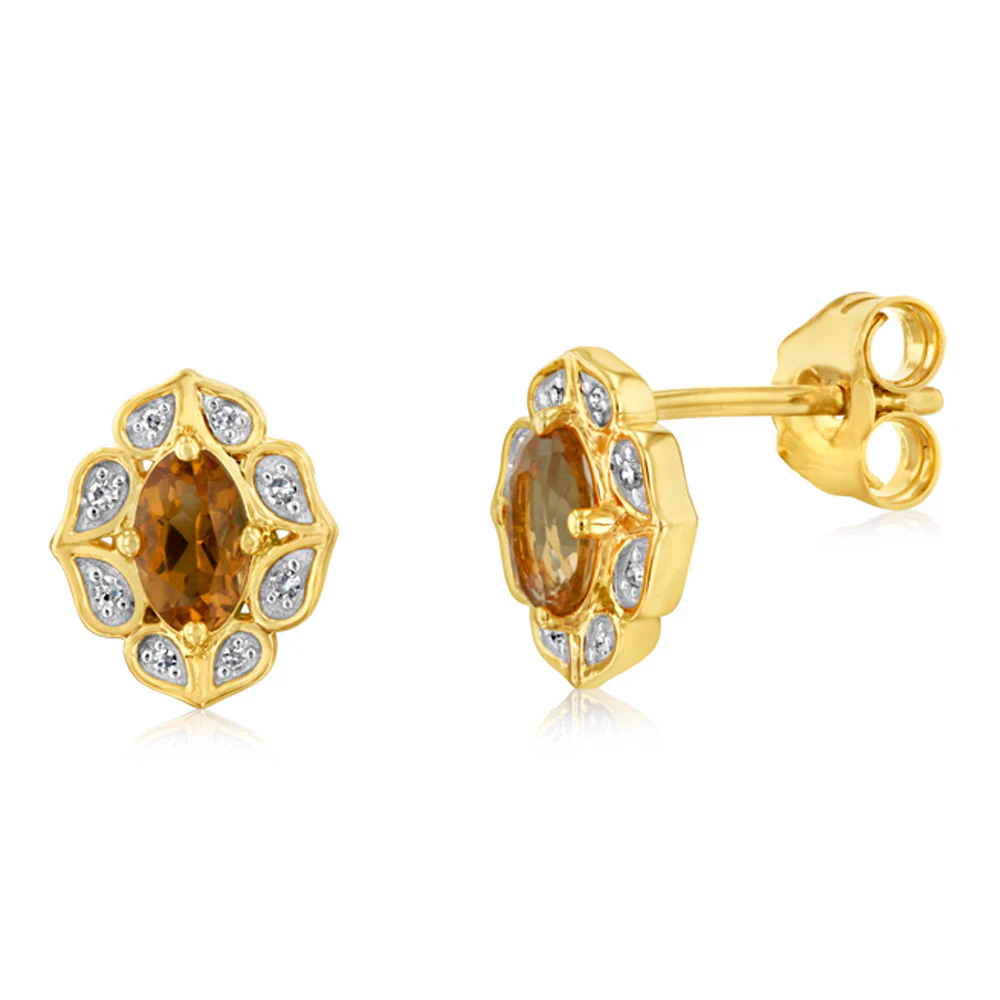 0.50 Carat Citrine Oval and Diamond Stud Earrings in 9ct Yellow Gold
