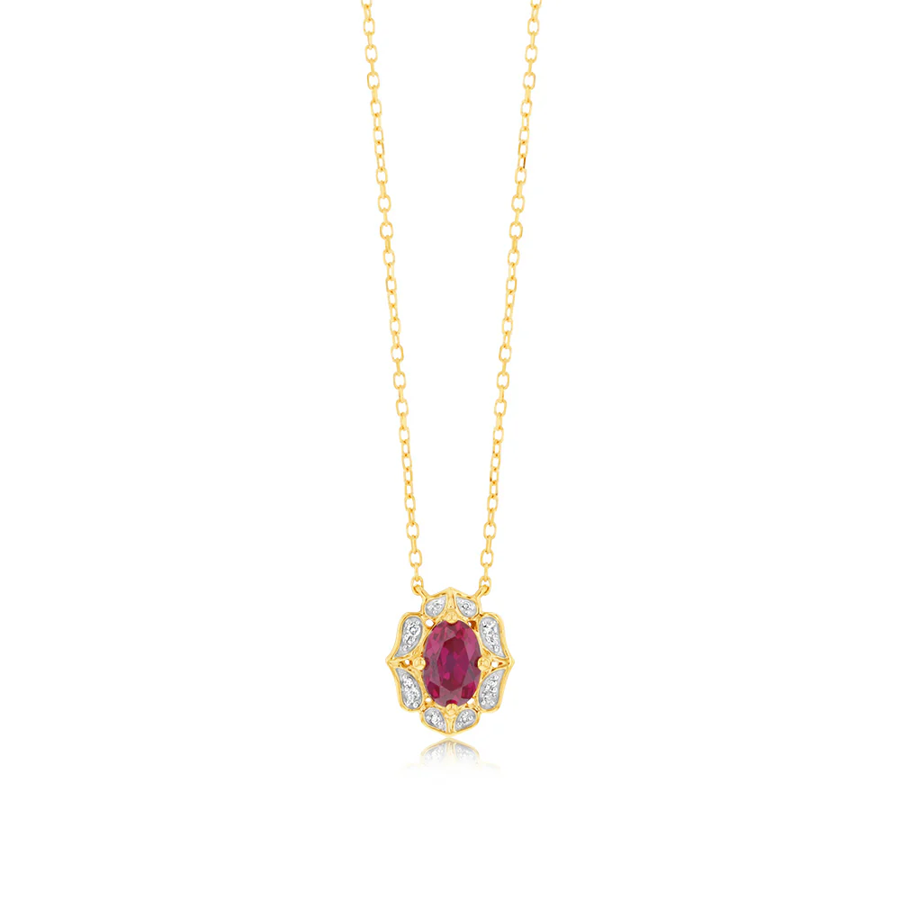 0.50 Carat Created Ruby Oval and Diamond Pendant with 45cm Chain in 9ct Yellow Gold