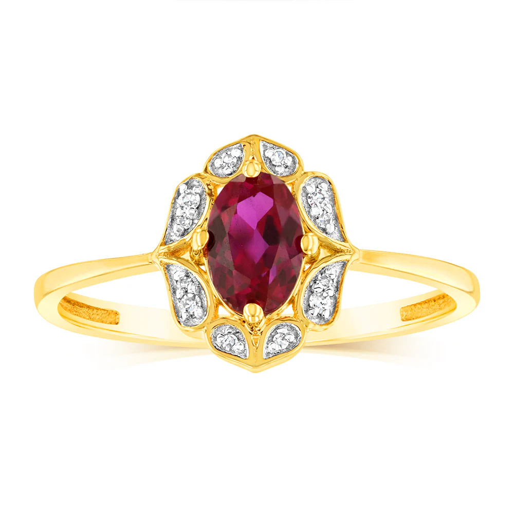 0.50 Carat Created Ruby Oval and Diamond Ring in 9ct Yellow Gold