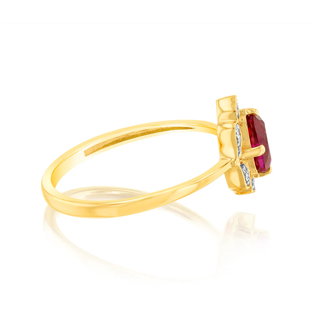 0.50 Carat Created Ruby Oval and Diamond Ring in 9ct Yellow Gold - Image 2