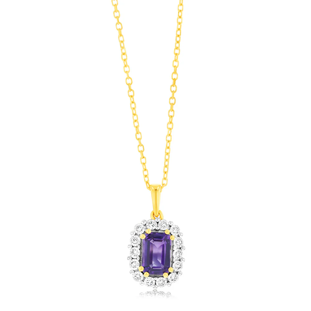 0.54 Carat Amethyst and Diamond Pendant with 45cm Chain in 9ct Yellow Gold