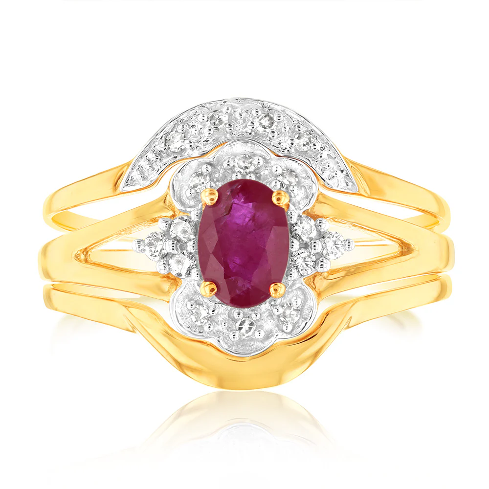 0.55 Carat Natural Ruby & 16 Diamond Bridal Set 3-Ring in 9ct Yellow Gold