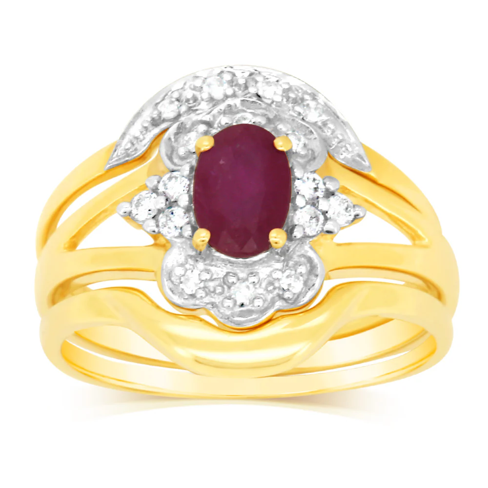 0.55 Carat Natural Ruby & 16 Diamond Bridal Set 3-Ring in 9ct Yellow Gold - Image 4
