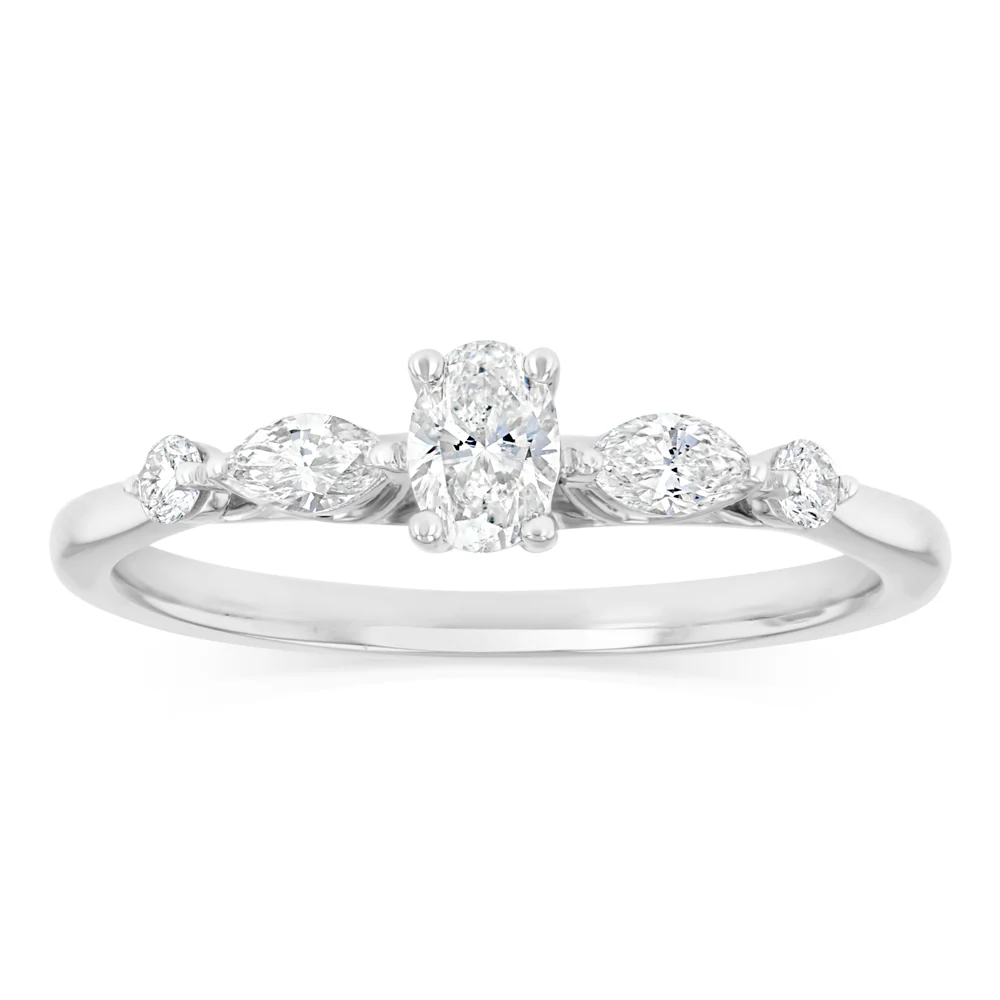 0.68 Carat Diamond Ring with Oval Cut Centre Diamond Surrounded by Brilliant and Marquise Diamonds in 14ct White Gold