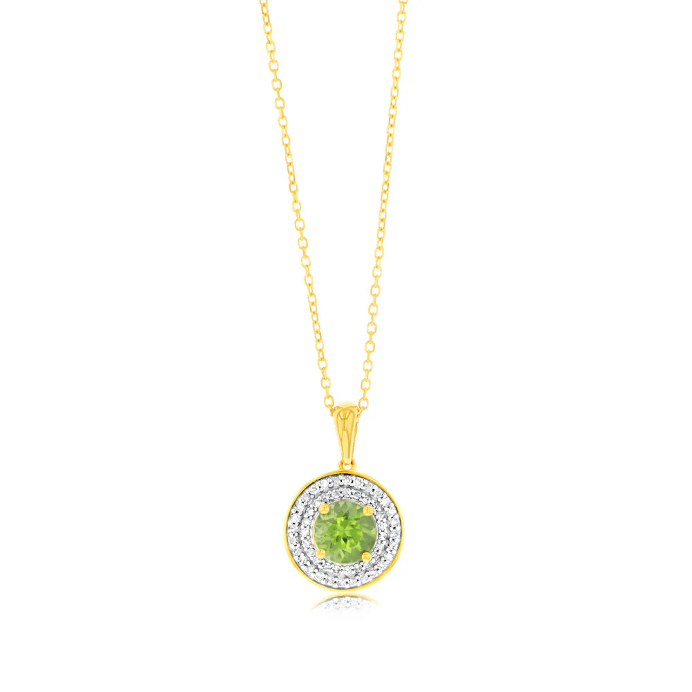 0.87 Carat Peridot and Diamond Pendant with 45cm Chain in 9ct Yellow Gold