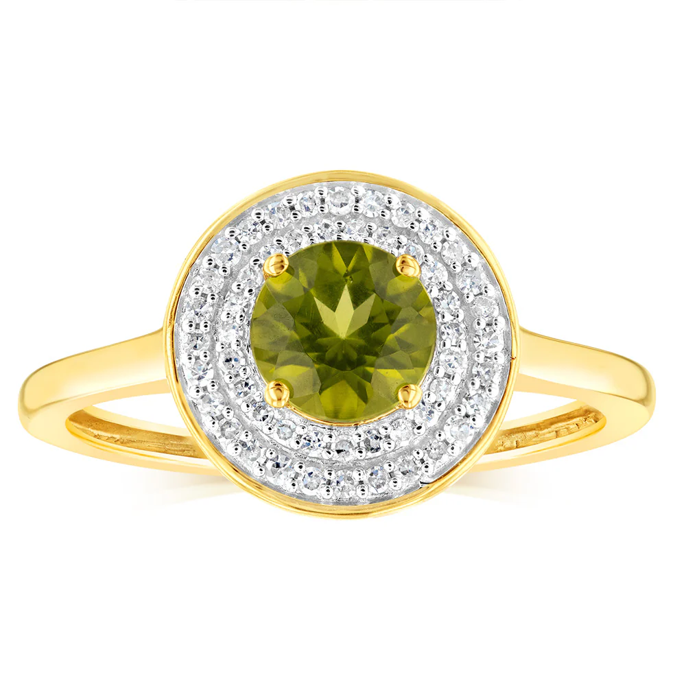 0.87 Carat Peridot and Diamond Ring in 9ct Yellow Gold
