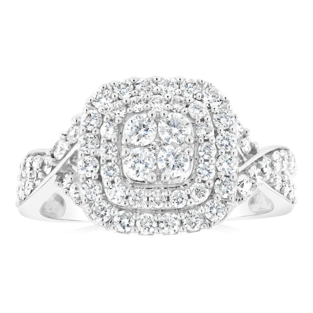 0.95 Carat Diamond Cluster Cushion Ring in 10ct White Gold