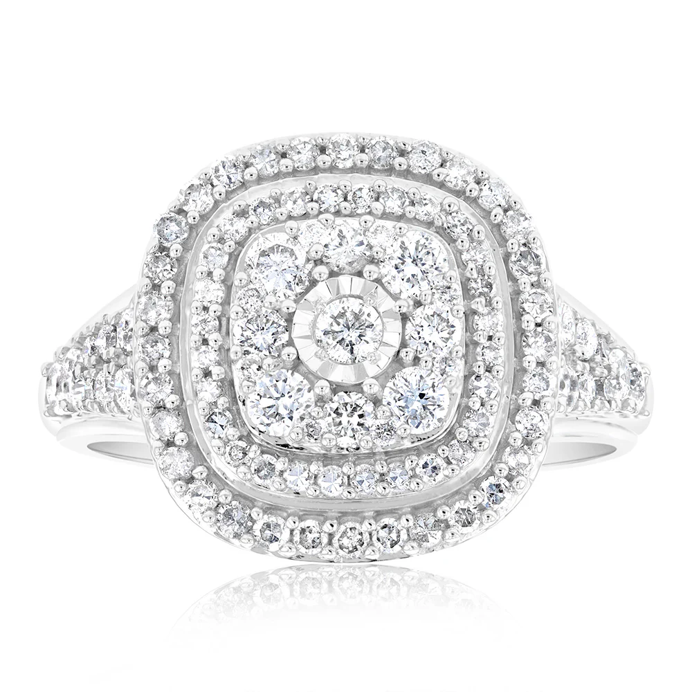 0.95 Carat Diamond Cluster Cushion Ring in 10ct White Gold