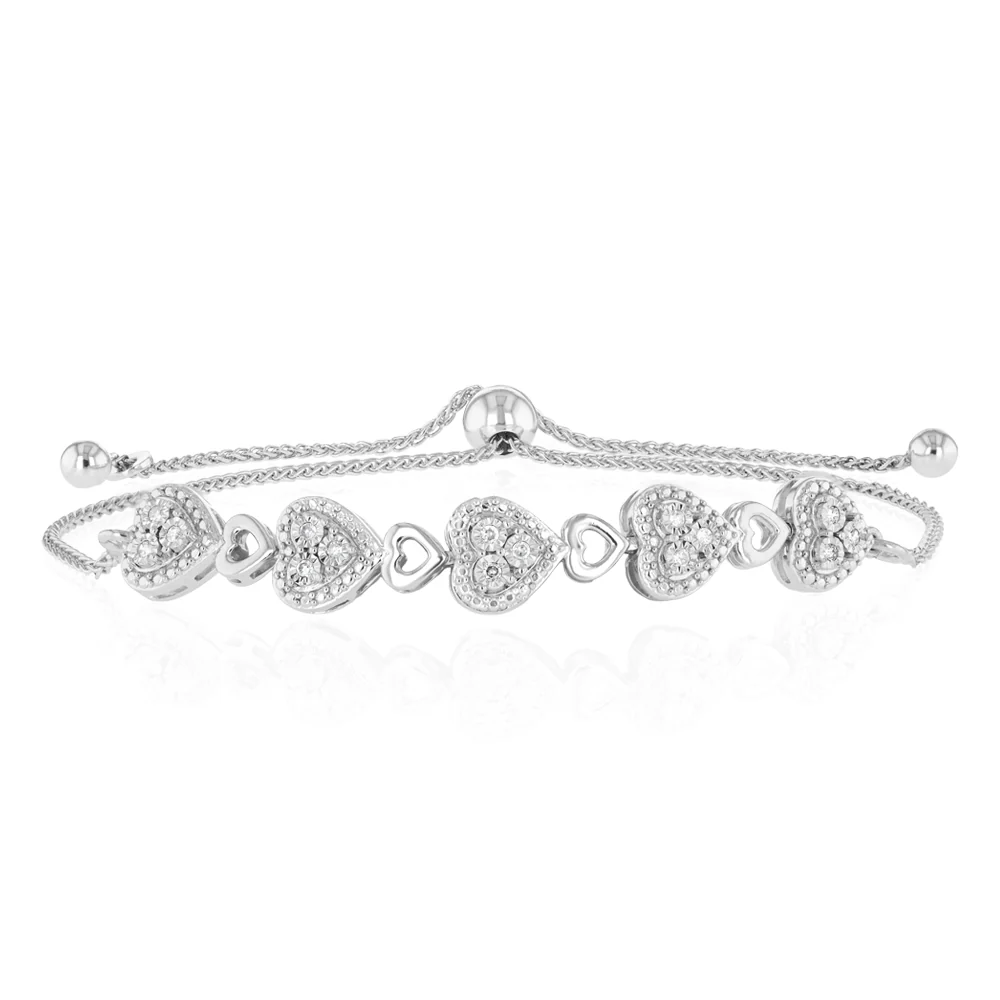 1/10 Carat Diamond Heart Fancy Bracelet Adjustable 24cm in Sterling Silver