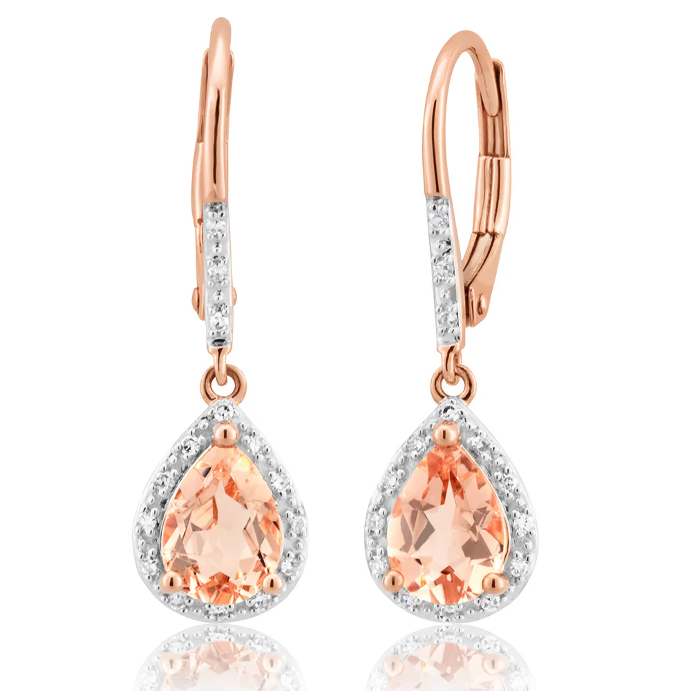 1.20 Carat Morganite Pear & Diamond Drop Earrings in 9ct Rose Gold