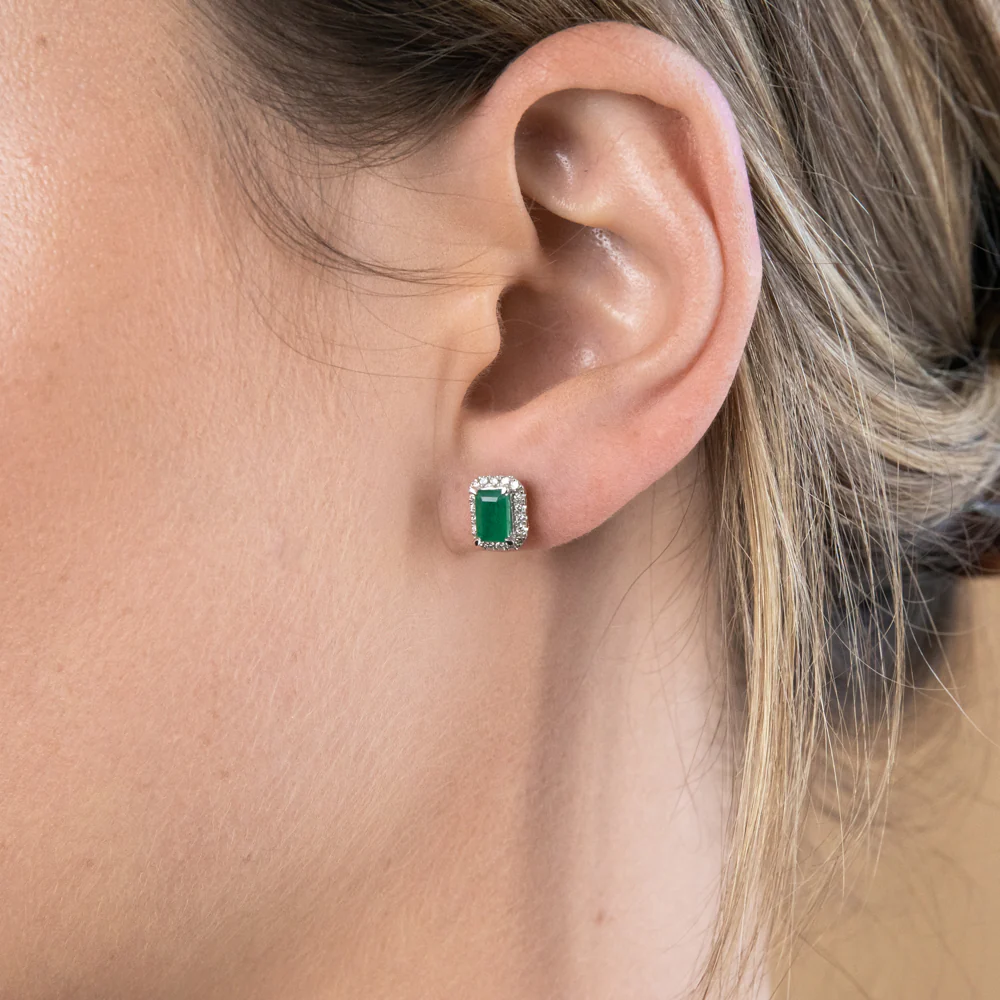 1.20 Carat Natural Emerald and 1/5 Carat Diamond Stud Earrings in 9ct Yellow Gold - Image 2