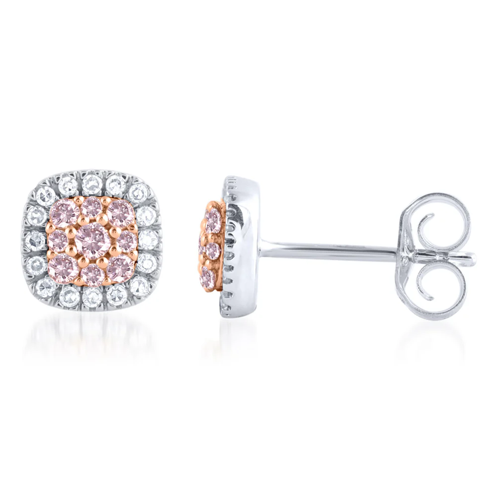1/3 Carat Diamond Stud Earrings With Australian Pink Argyle Diamonds in 9ct White and Rose Gold
