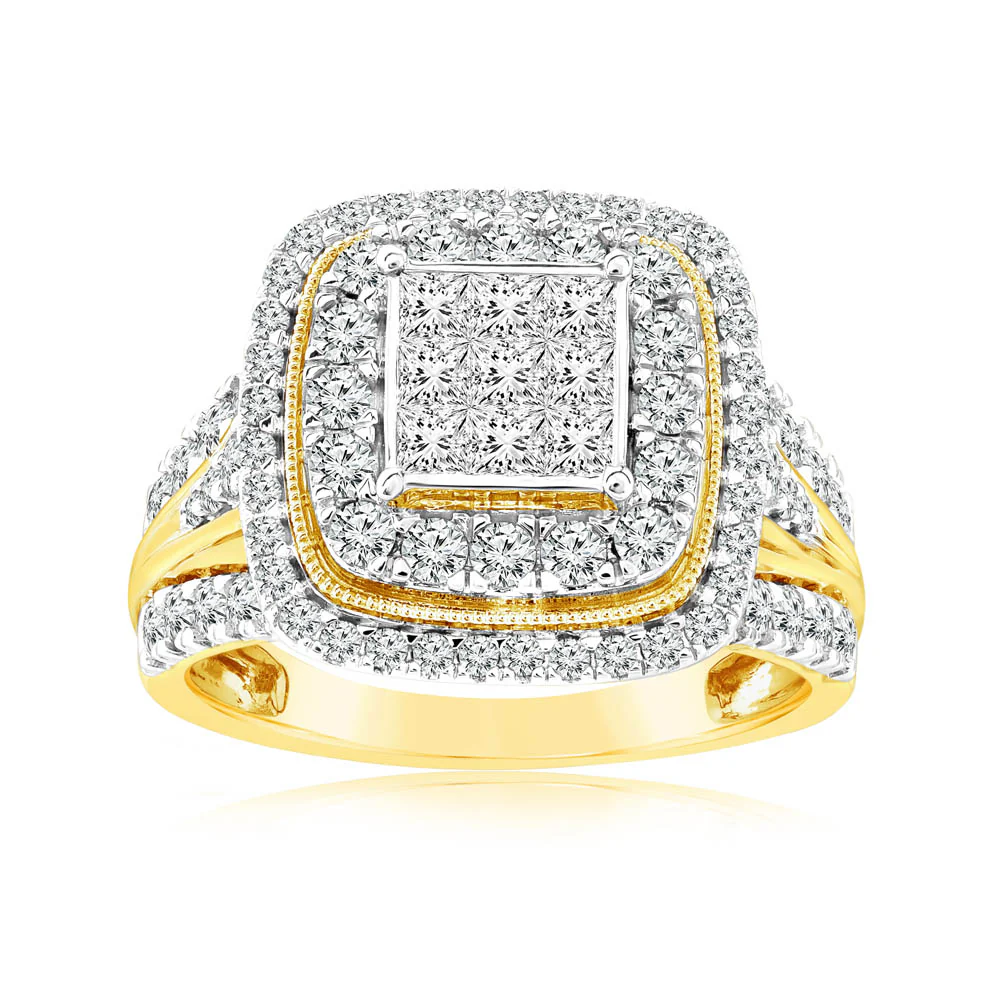 1.40 Carat Diamond Cushion Cluster Ring in 14ct Yellow Gold