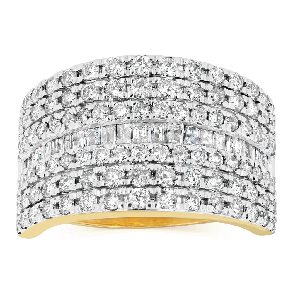 1.5 Carat Diamond Ring with Round Brilliant and Baguette Diamonds in 9ct Yellow Gold