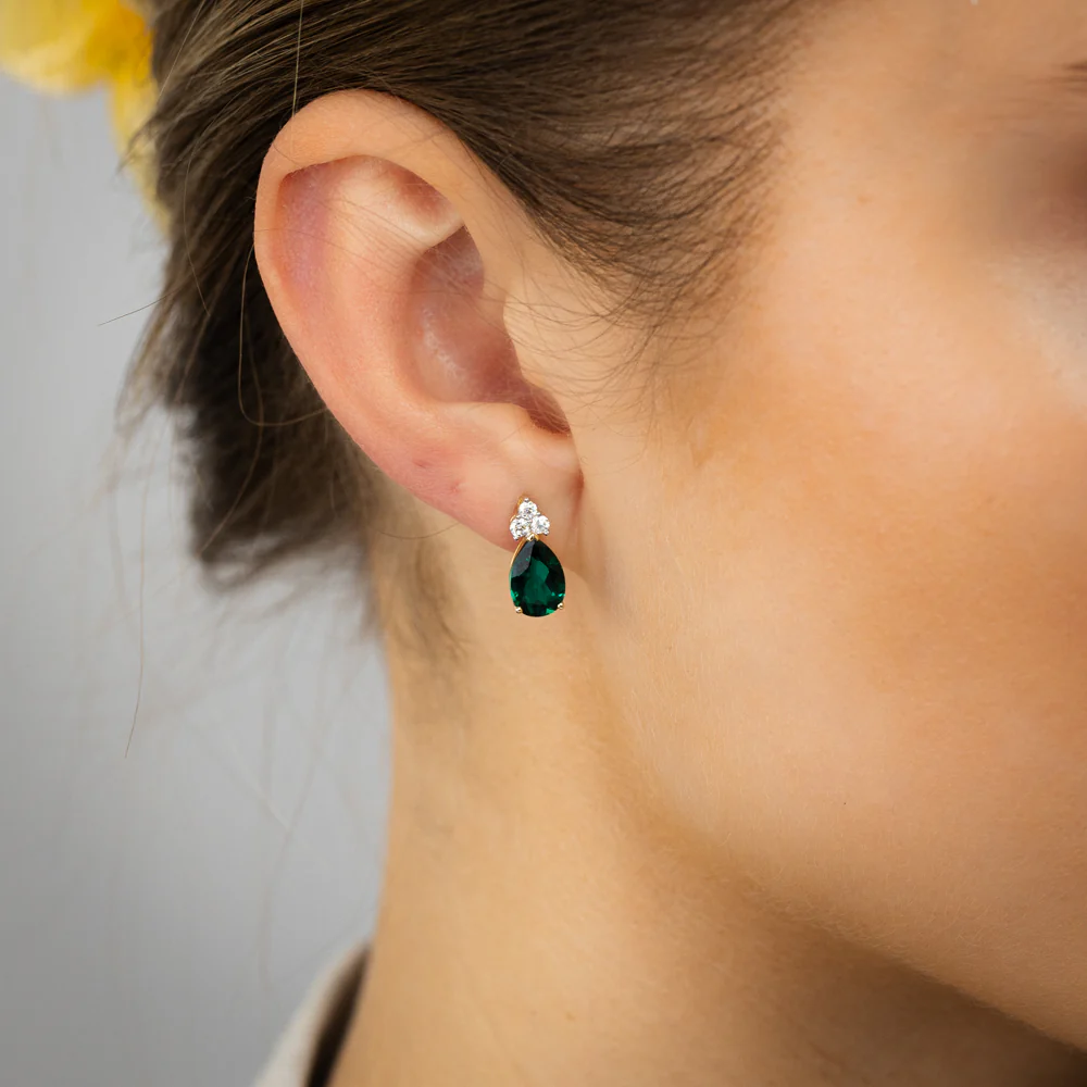 1/5 Carat Luminesce Lab Grown Diamond and Created Emerald Earrings in 9ct Yellow Gold - Image 2