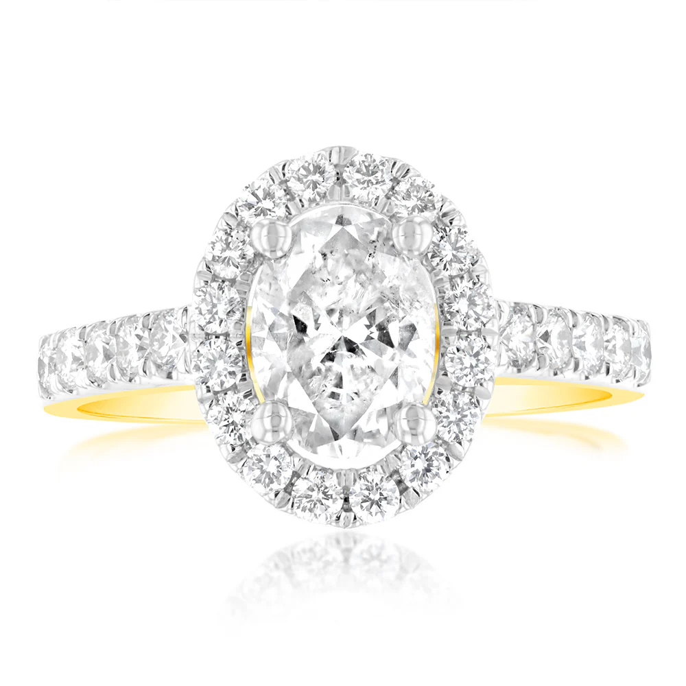 1.50 Carat Diamond Ring With 1 Carat Oval Centre Surrounded by 1/2 Carat Round Diamond Halo in 18ct Yellow Gold