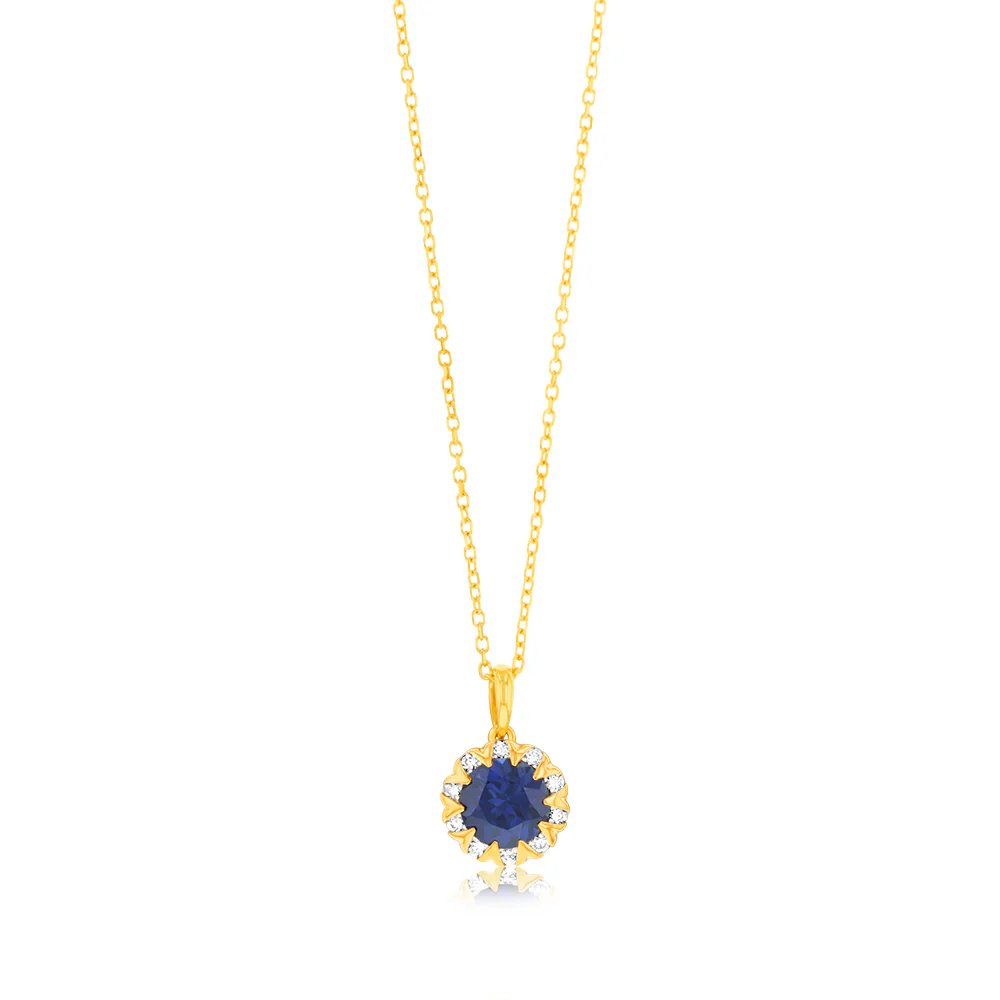 1 Carat Created Sapphire and Diamond Pendant with 45cm Chain in 9ct Yellow Gold