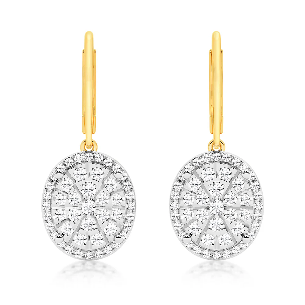 1 Carat Diamond Oval Shaped Drop Earrings in 9ct Yellow Gold & Sterling Silver