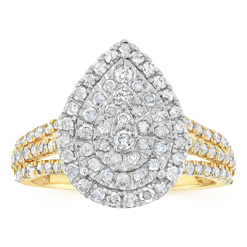 1 Carat Natural Diamond Pear Shaped Ring in 9ct Yellow Gold and Sterling Silver
