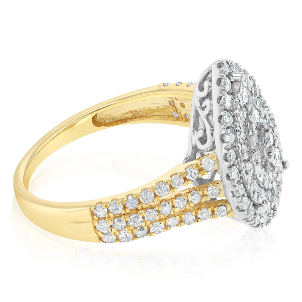 1 Carat Natural Diamond Pear Shaped Ring in 9ct Yellow Gold and Sterling Silver - Image 2