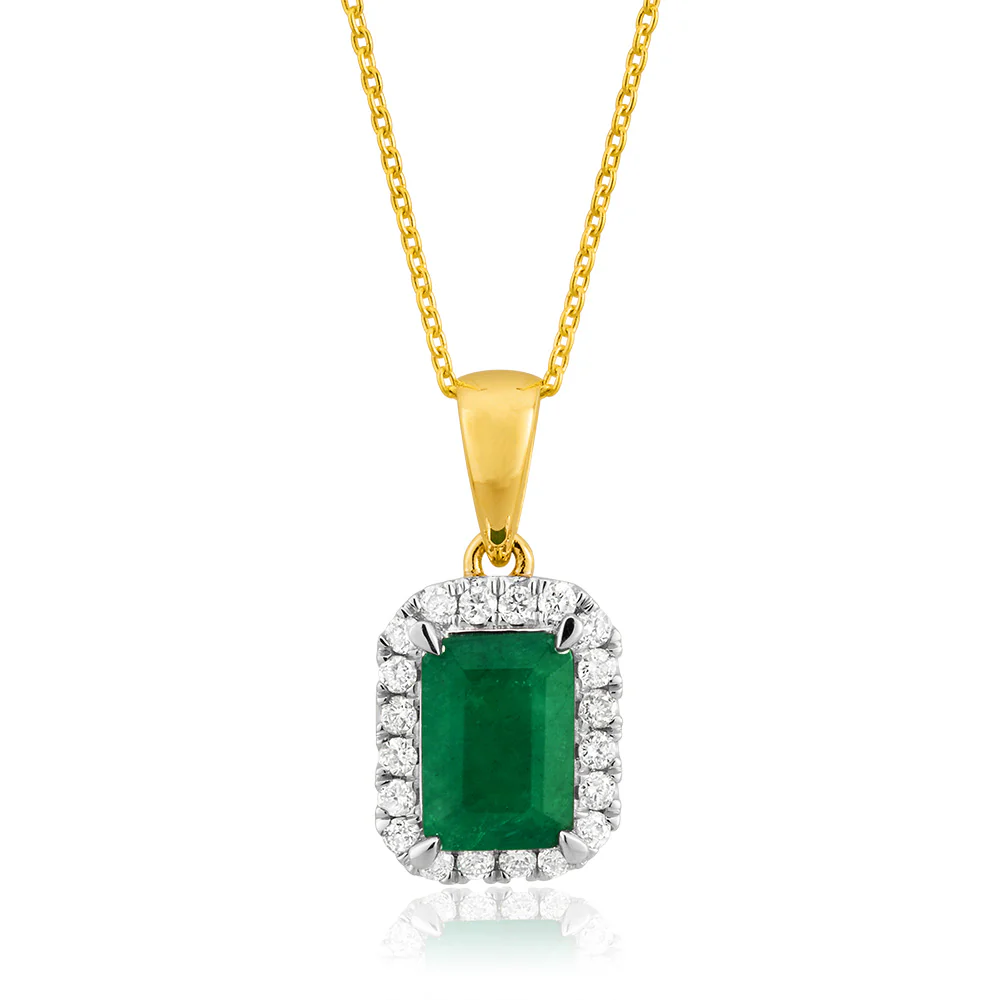 1 Carat Natural Emerald & Diamond Pendant with 45cm Chain in 9ct Yellow Gold