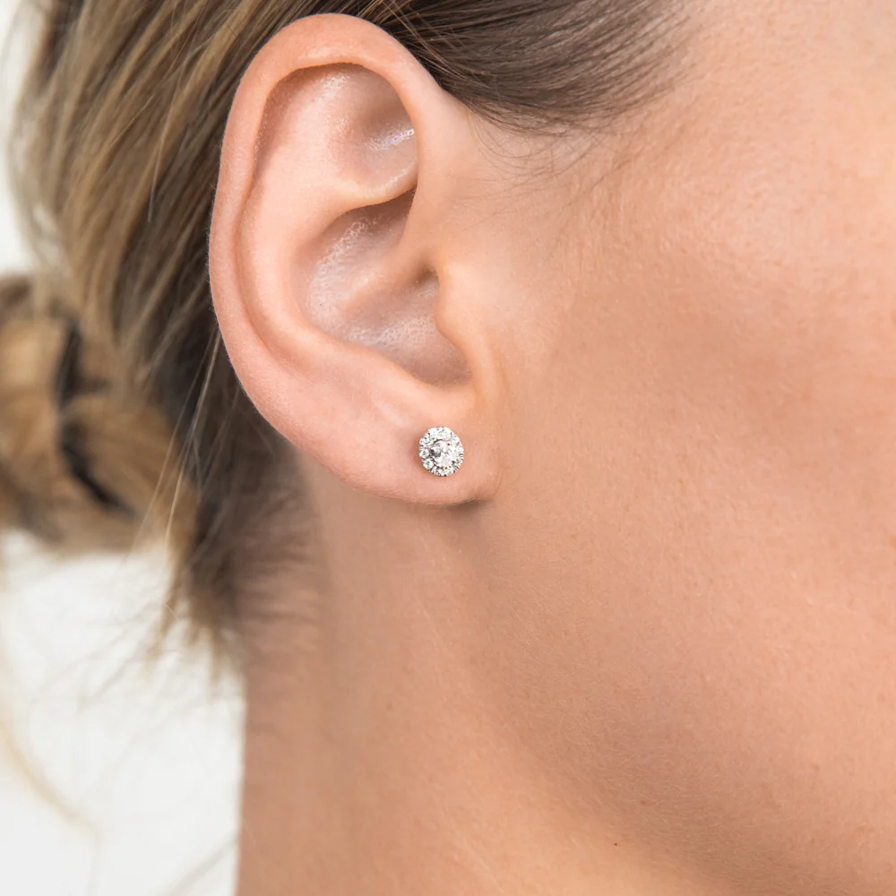 10ct 25pt Diamond Stud Earrings with Oval Centre Diamond and Halo - Image 2