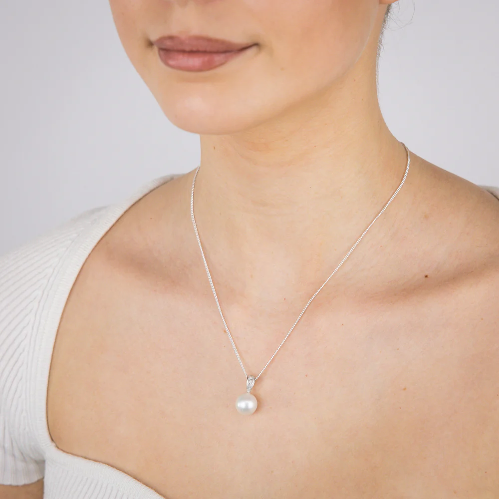 11-12mm White South Sea Pearl and Diamond Pendant on 45cm Chain in Sterling Silver - Image 2