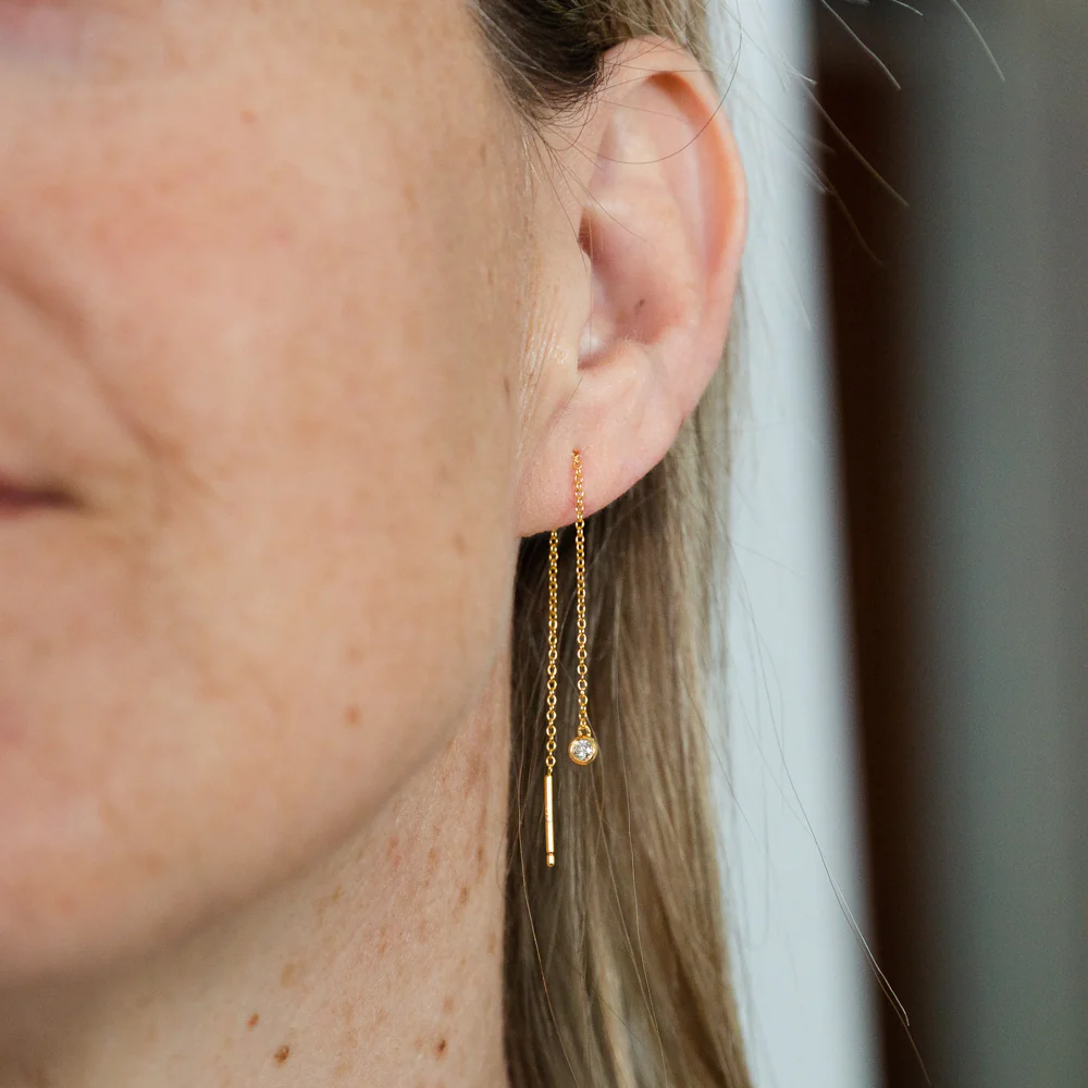 14ct Gold Plated Sterling Silver 1/10 Carat Diamond Thread Through Drop Earrings - Image 2
