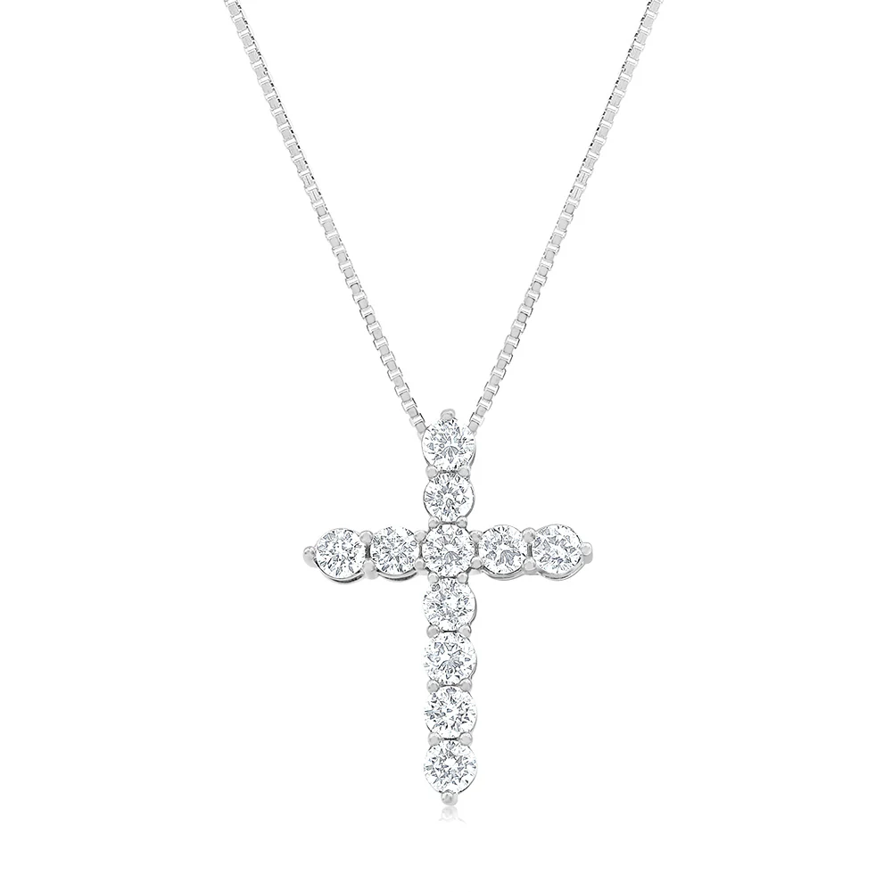 14ct White Gold 1.90 Carat Diamond Cross Pendant with Round Brilliant Cut Diamond on 45cm Chain