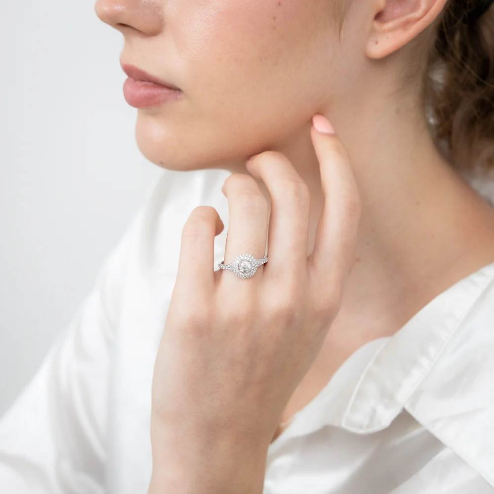14ct White Gold 1 Carat Brilliant Cut Diamond Solitaire Ring with Double Diamond Halo and Diamond Split Shank - Image 3