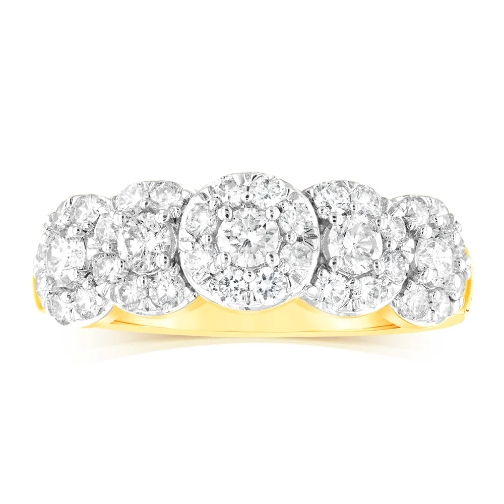 14ct Yellow Gold 0.95 Carat Diamond Ring with 5 Round Brilliant Cut Diamonds Surrounded by Diamond Halos