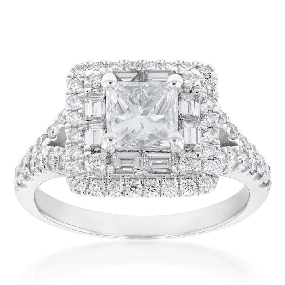 18ct White Gold 1.80 Carat Diamond Ring with 1.00 Carat Certified Princess Centre