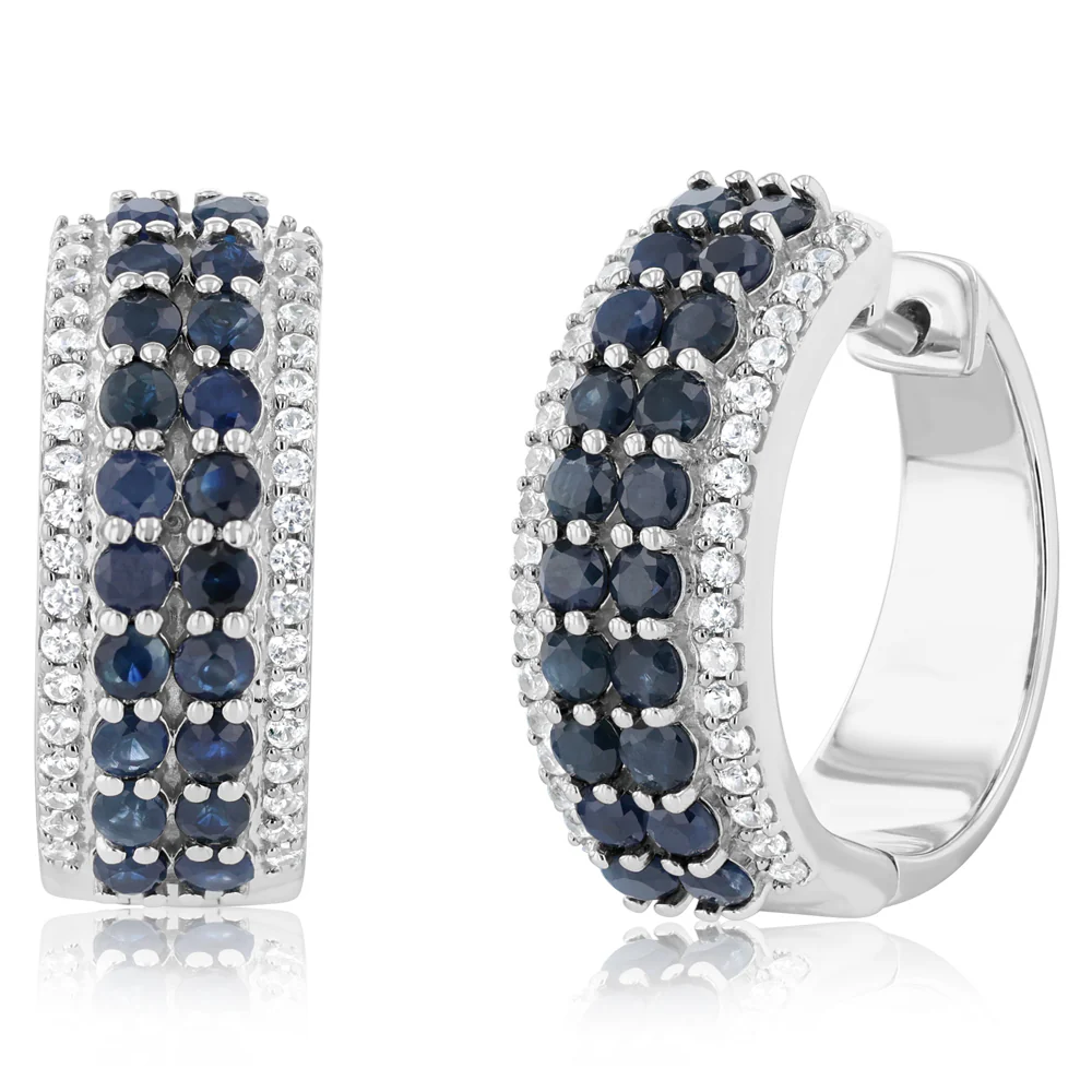 3.20 Carat Natural Blue Sapphire and White Cubic Zirconia Hoop Earring in Sterling Silver