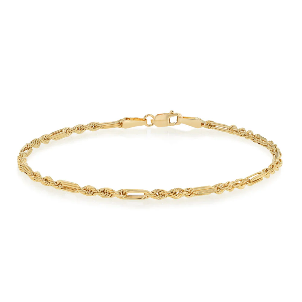 30 Gauge Hollow Dicut Figarope 18cm Bracelet in 9ct Yellow Gold
