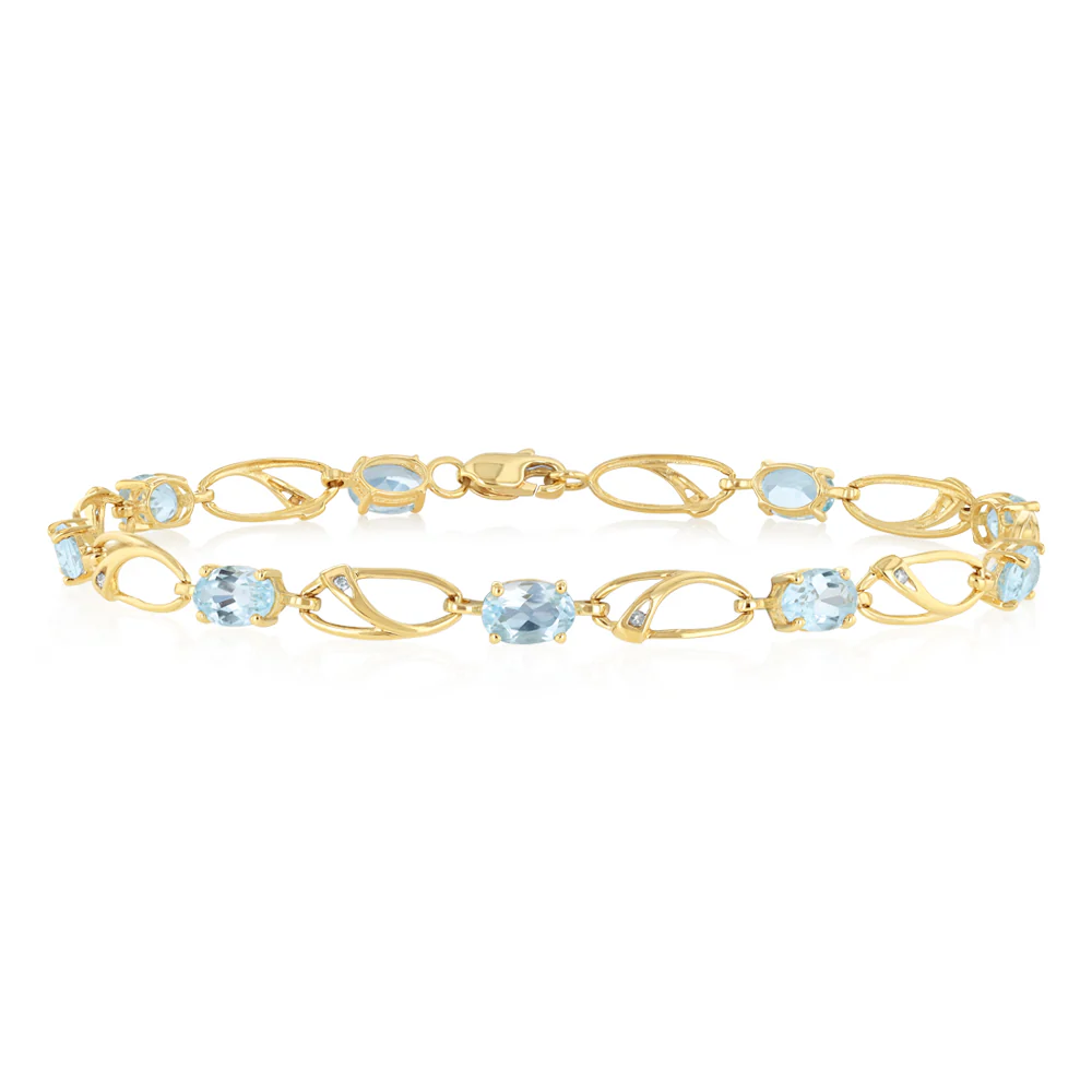 4.87 Carats Blue Topaz & Diamond Bracelet 18cm in 9ct Yellow Gold