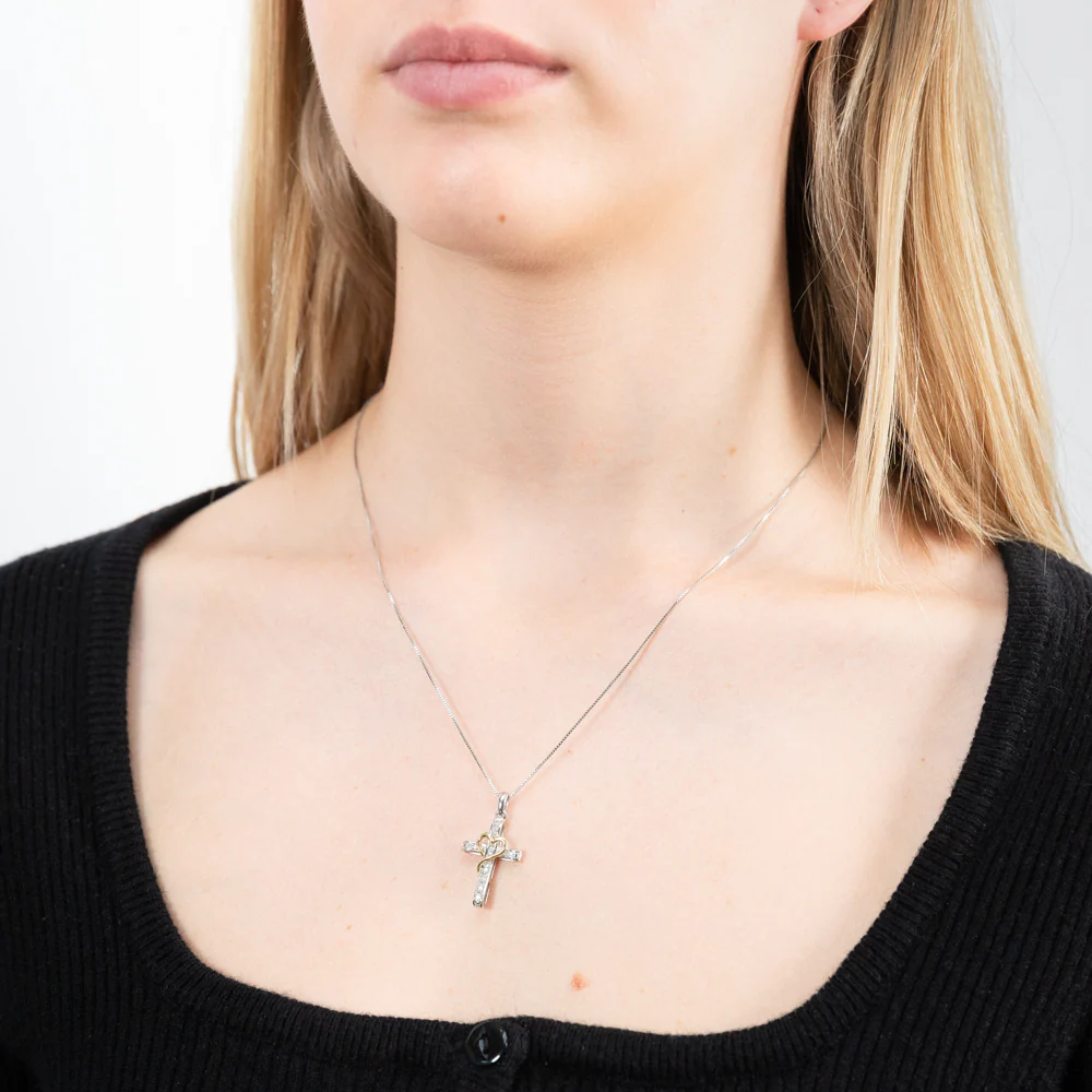5 Point Diamond Cross Pendant in Sterling Silver with Yellow Heart Accent on 45cm Silver Chain - Image 2