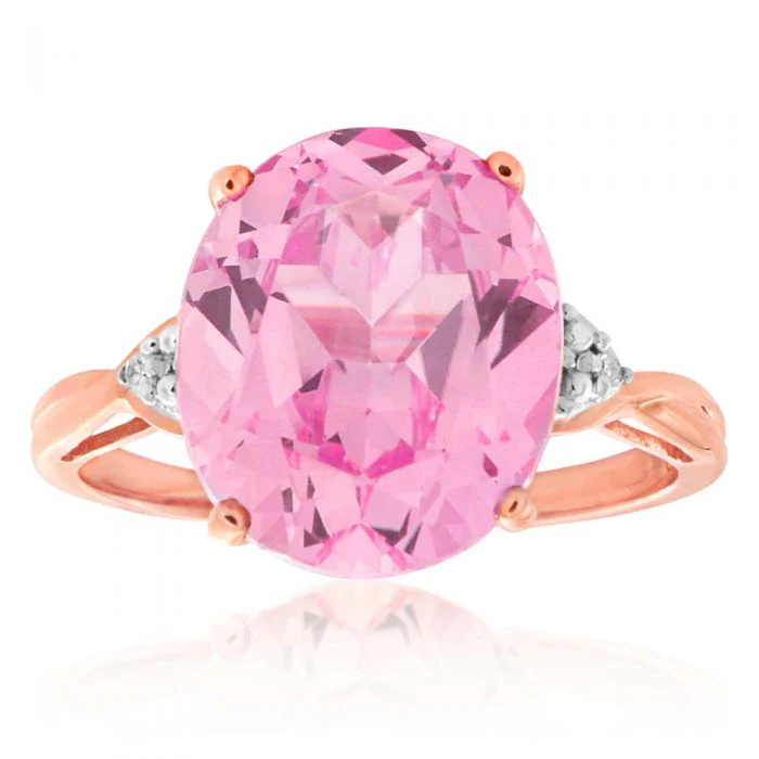 6.30 Carat Oval Created Peach Sapphire & Diamond Ring in 9ct Rose Gold