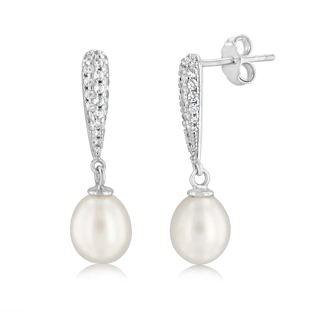 6-7MM Fresh Water White Pearl Drop Earrings Sterling Silver