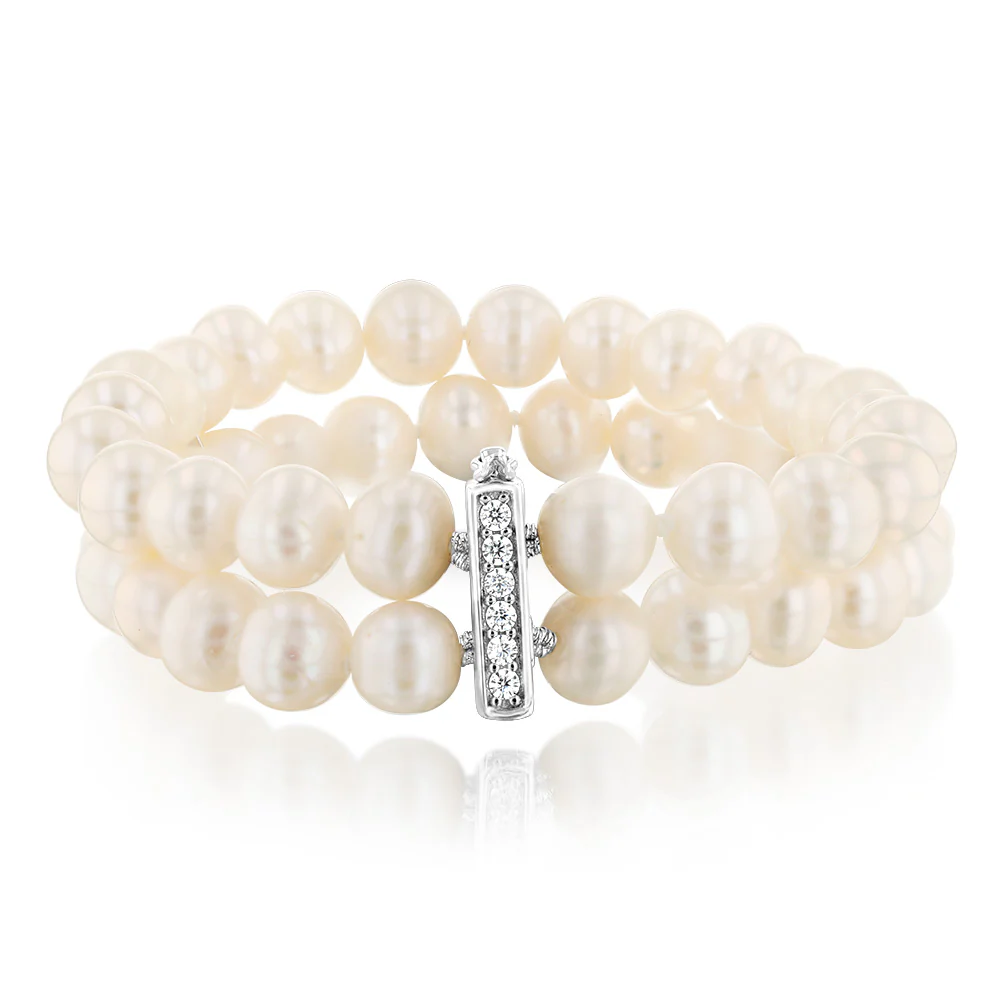 7-8mm Fresh Water Pearl & Cubic Zirconia Bracelet in Sterling Silver