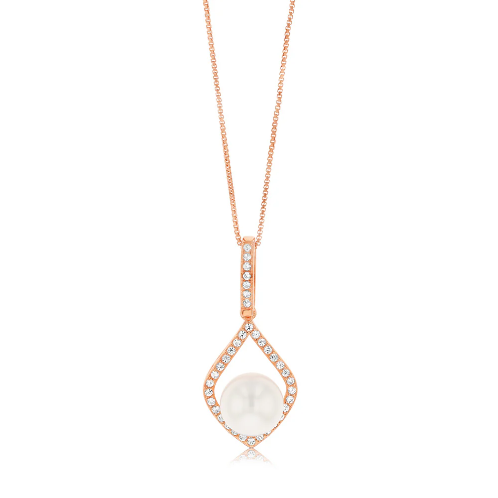 8-9mm Fresh Water Pearl + Created Sapphire Pendant on 45cm chain Silver Rose Gold