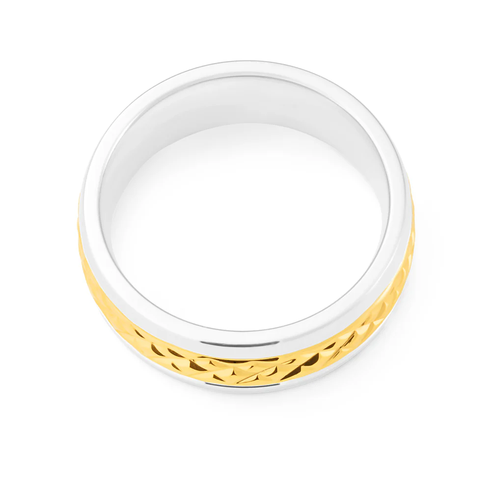 8mm Stainless Steel and Gold Plated Patterned Gents Ring - Image 2