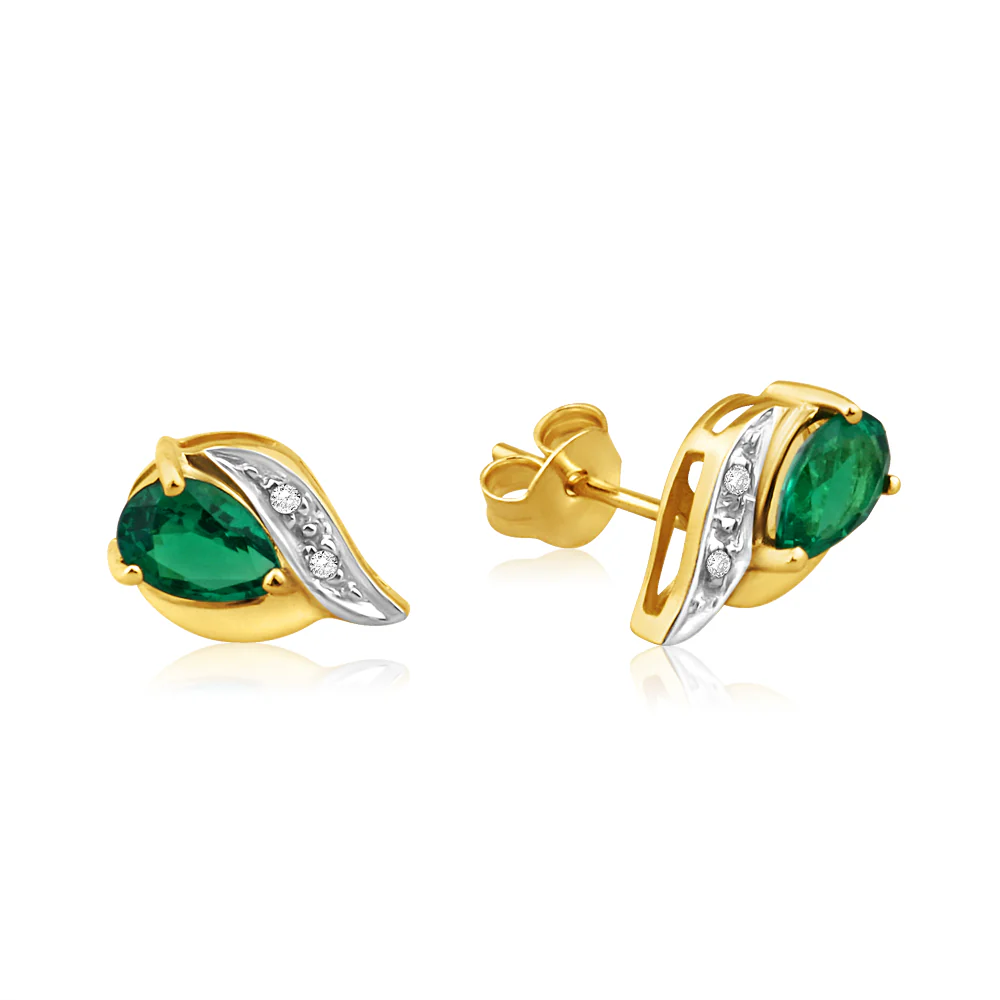 9ct Alluring Yellow Gold Created Emerald + Diamond Stud Earrings - Image 2