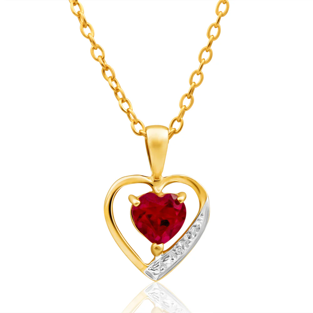 9ct Alluring Yellow Gold Created Ruby and Diamond Pendant