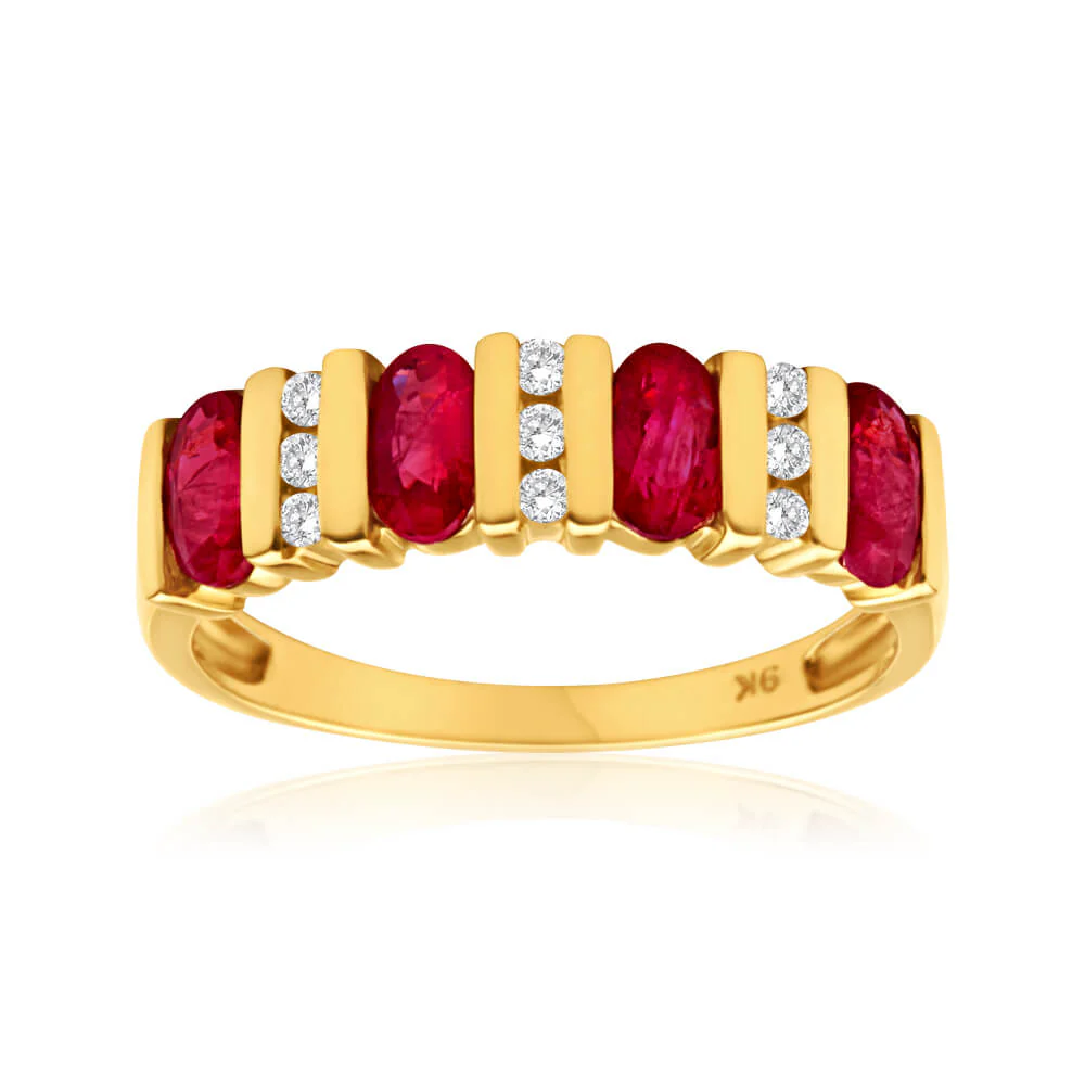 9ct Alluring Yellow Gold Diamond + Ruby Ring