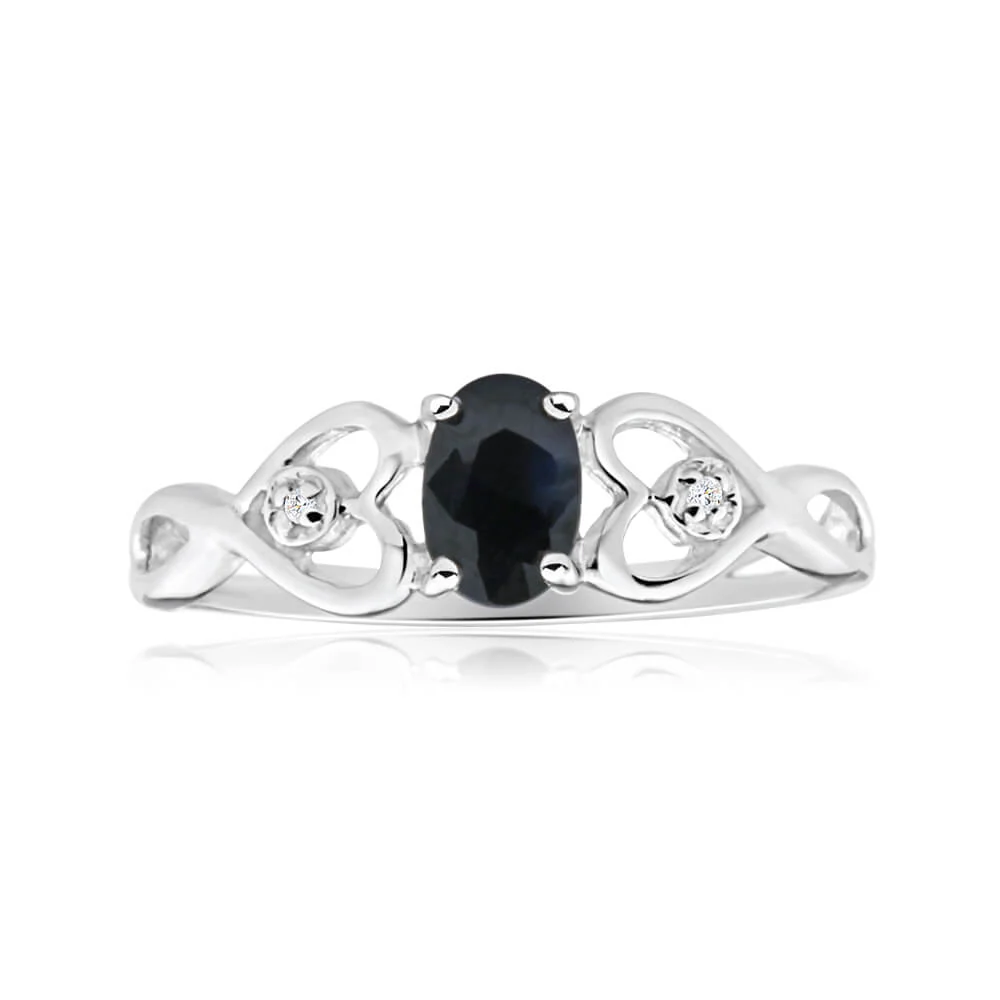 9ct Charming White Gold Diamond + Natural Sapphire Ring