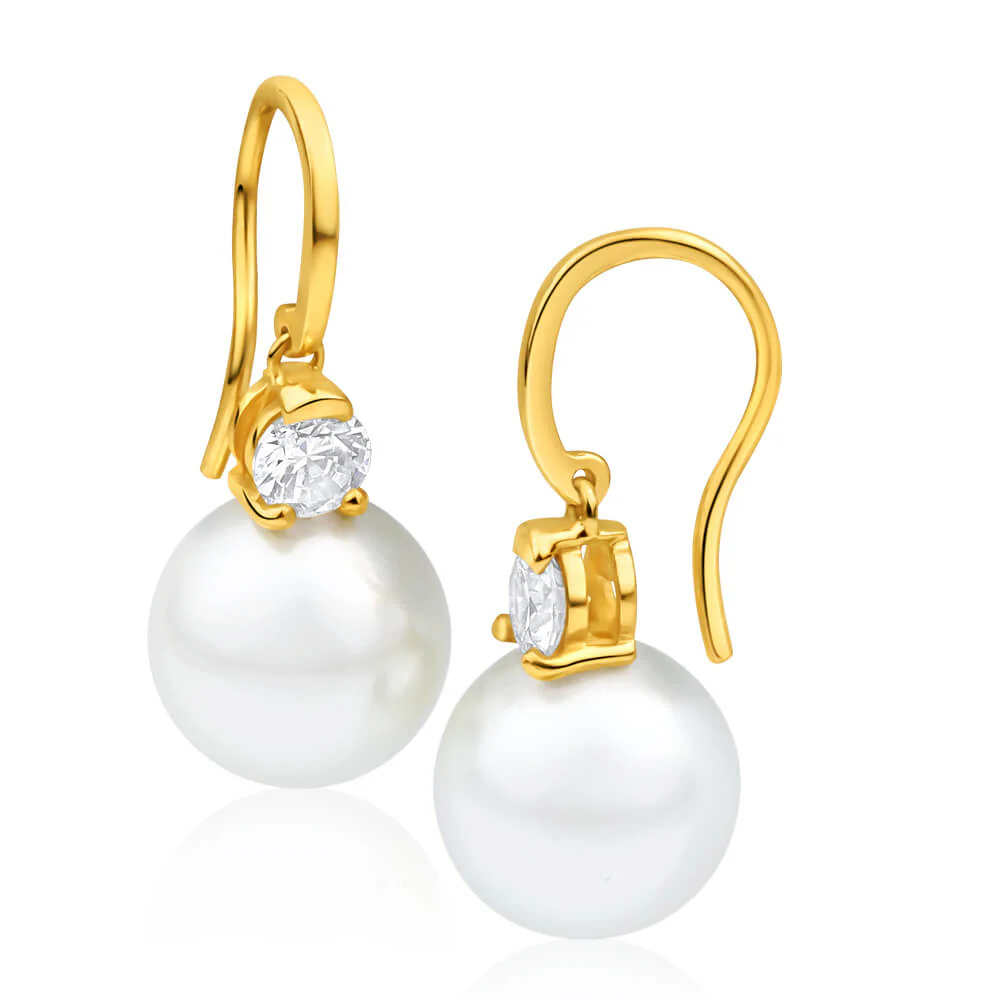 9ct Charming Yellow Gold 10mm Simulated Pearl and Cubic Zirconia Drop Earrings