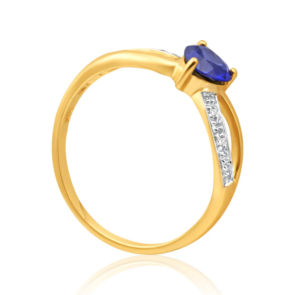 9ct Charming Yellow Gold Created Sapphire + Diamond Ring - Image 2
